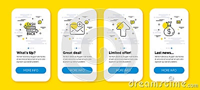 Vector set of Upload, Cashback card and New mail line icons set. Vector Vector Illustration