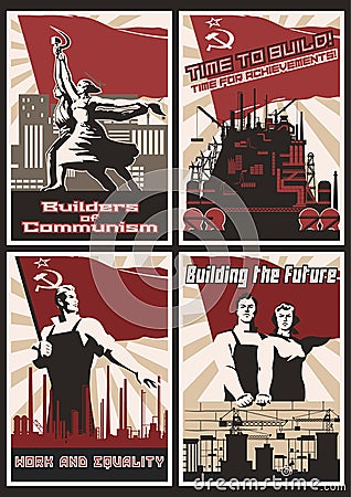 Set of Retro Communism Propaganda Posters Stock Photo