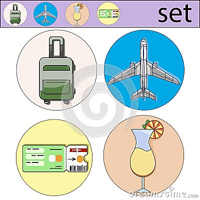 Vector set of vacation. Icon and logo of airplane, cocktail, ticket, travel bag Vector Illustration