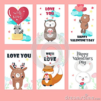 Vector set of love cards with cute animals Vector Illustration