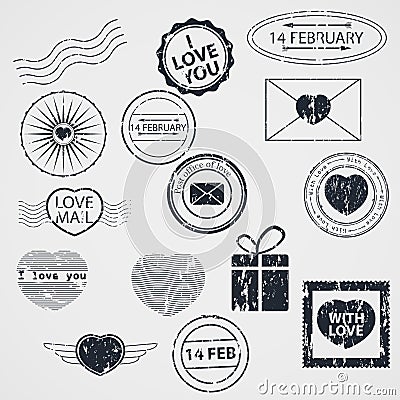 Vector Set of Valentine Day stamps Cartoon Illustration