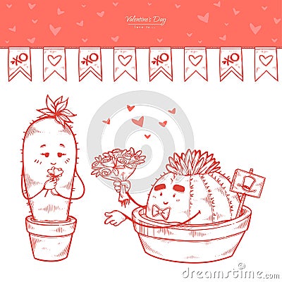 Vector set Valentine`s day. Hand drawn illustration garland of flags, a pair of lovers cacti gift a bouquet of flowers Cartoon Illustration