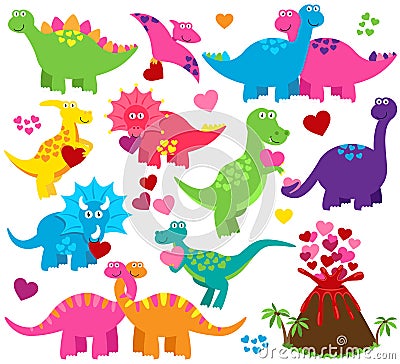 Vector Set of Valentine's Day or Love Themed Dinosaurs Vector Illustration