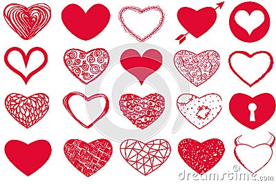 Vector set of Valentine`s Day red hearts on white background Stock Photo