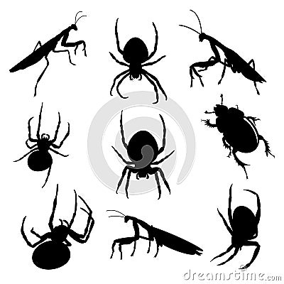 Vector set of various insects: mantis, spider and earth-boring dung beetle in black color Vector Illustration