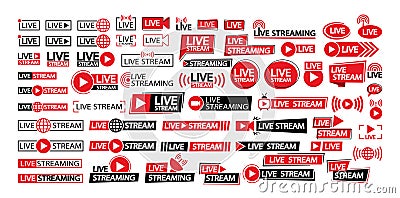 Vector Set Of Various Live Streaming And Broadcast Icons In Red And Black. Live Stream Notifications And Live Broadcast Vector Illustration