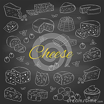 Vector set of various types of cheese, hand drawn illustration on chalkboard background. Vector Illustration