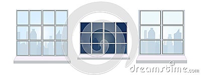 Vector set of various window frames, view from window - different silhouettes of city day and night. Vector Illustration