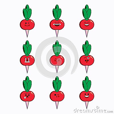 Vector set of vegetable emoticons. Funny radish emoji with face Cartoon Illustration