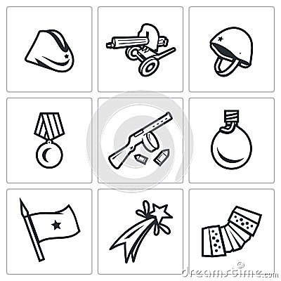 Vector Set of Victory Day in Russia Icons. Garrison cap, Machine gun, Helmet, Order, Submachine, Flask, Flag, Firework Vector Illustration