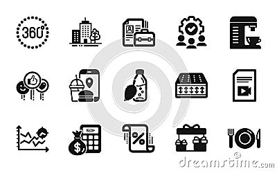 Vector set of Video file, Surprise boxes and Flexible mattress icons simple set. Vector Vector Illustration