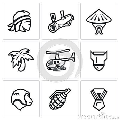 Vector Set of The Vietnam War Icons. Soldier, grenade launcher, vietnamese, Jungle, Helicopter, Bomb, Monkey, Grenade Vector Illustration