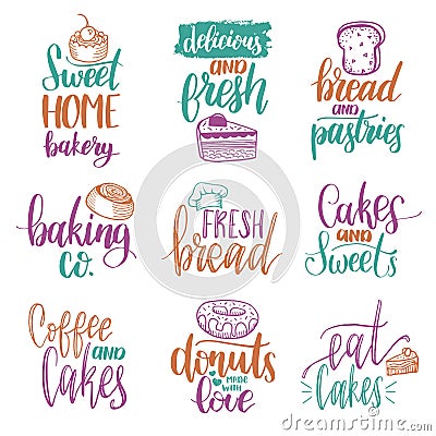 Vector set of vintage bakery hand lettering.Calligraphy collection with cookie Illustrations for print and web projects. Vector Illustration