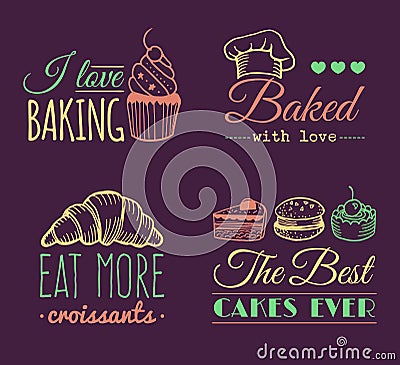 Vector set of vintage bakery logos. Retro labels collection with sweet cookie, biscuit bread etc. Hipster pastry icons. Vector Illustration