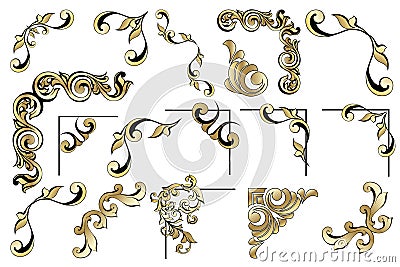 Vector set of vintage baroque corners and dividers.Border,angle,swirl,antique acanthus,damask scroll ornament swirl.Victorian Vector Illustration