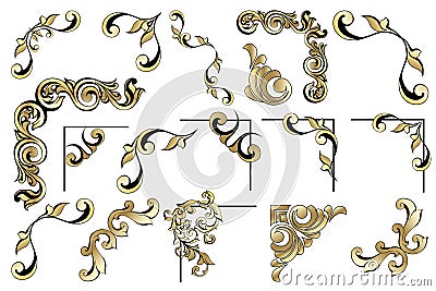 Vector set of vintage baroque corners and dividers.Border,angle,swirl,antique acanthus,damask scroll ornament swirl Cartoon Illustration