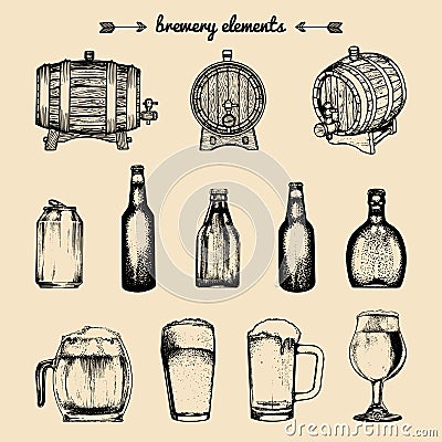 Vector set of vintage brewery elements. Retro collection with beer icons. Lager, ale barrels, bottles etc illustrations. Vector Illustration