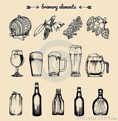 Vector set of vintage brewery elements. Retro collection of beer icons or signs. Lager, ale hand drawn symbols. Vector Illustration