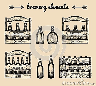 Vector set of vintage brewery elements.Retro collection with beer,lager,ale signs. Sketched boxes or crates with bottles Vector Illustration