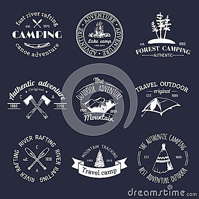 Vector set of vintage camping logos. Retro signs collection of outdoor adventures. Tourist sketches for emblems, badges. Vector Illustration