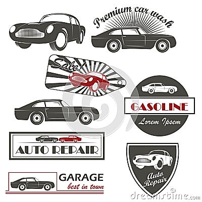 Vector set of vintage car symbols Car service and Vector Illustration