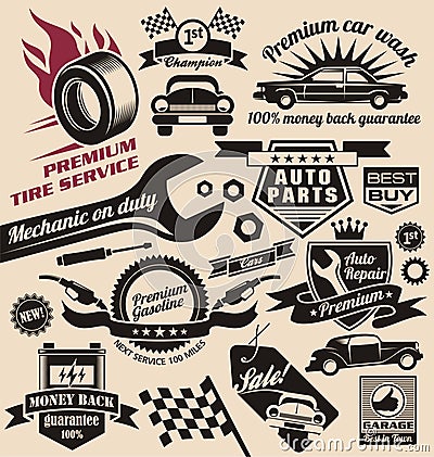 Vector set of vintage car symbols and logos Vector Illustration