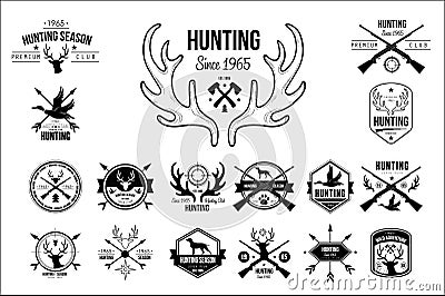 Vector set of vintage emblems for hunting club. Original monochrome labels with silhouettes of dogs, guns rifles, goose Vector Illustration