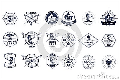 Vector set of vintage fishing camp logo or tournament emblem templates. Original monochrome labels with fishes and fish Vector Illustration