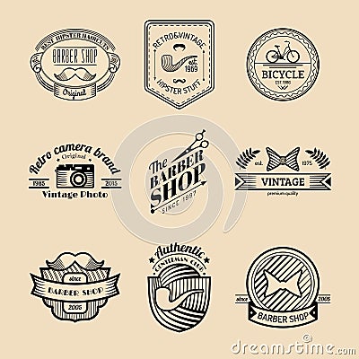 Vector set of vintage hipster logo. Retro icons collection of bicycle, moustache, camera etc. Vector Illustration