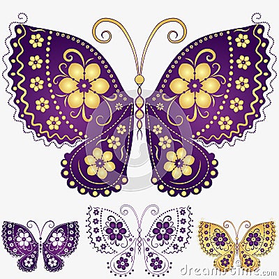 Vector set vintage isolated golden and gradient violet butterflies Vector Illustration