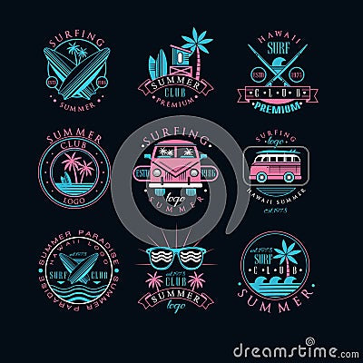 Vector set of vintage logos for surfing club. Creative emblems with surfboards, sunglasses, vans and palm trees. Hawaii Vector Illustration