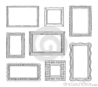 Vector set of vintage photo frames, hand drawn doodle style, antique ornamental and cute photo frames Vector Illustration