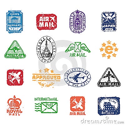 Vector set of vintage postage mail stamps. Vector Illustration