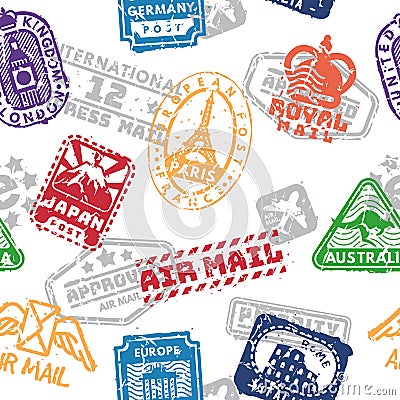 Vector set of vintage postage mail stamps seamless pattern Vector Illustration
