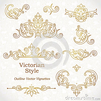 Vector set of vintage vignettes in Victorian style. Vector Illustration