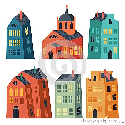 Vector set of vivid isolated buildings. Collection of various houses. Simple irregular shape buildings Vector Illustration