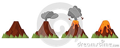 Vector set of volcanoes of varying degrees of eruption Cartoon Illustration