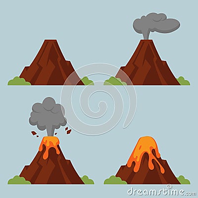 Vector set of volcanoes of varying degrees of eruption. Vector Illustration