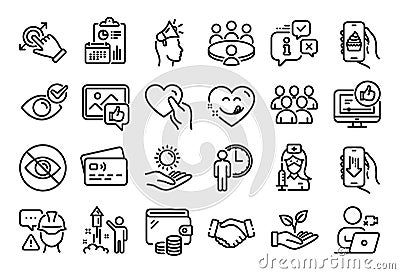 Vector set of Waiting, Builder warning and Like video line icons set. Vector Vector Illustration