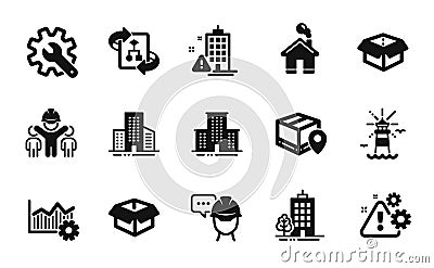 Vector set of Warning, Lighthouse and Buildings icons simple set. Vector Vector Illustration