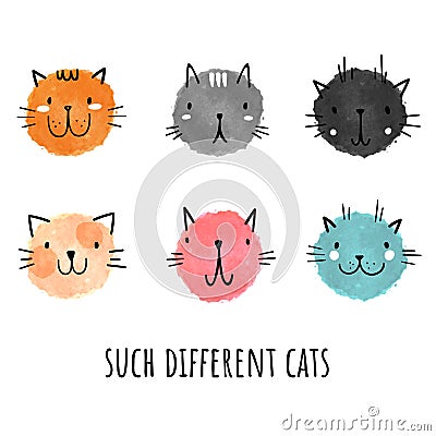 Vector set of watercolor cats. Hand-drawn style. Cute animals Stock Photo