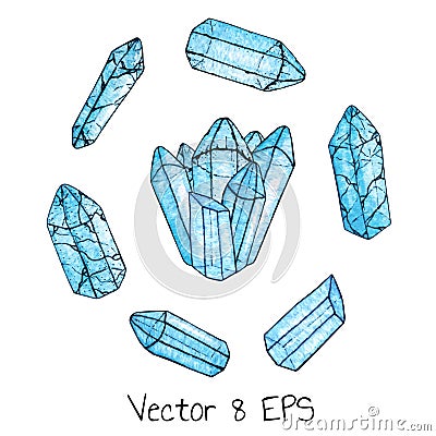 Vector set of watercolor and ink hand painted blue gems and a group of crystals isolated on the white background Vector Illustration