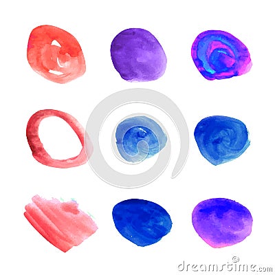 Vector Set of Watercolor Spots, Colorful Paint Design Elemets Isolated on White Background, Rainbow Colors. Vector Illustration