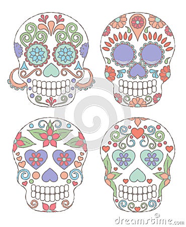 Vector Set of Watercolor Style Day of the Dead Skulls Vector Illustration