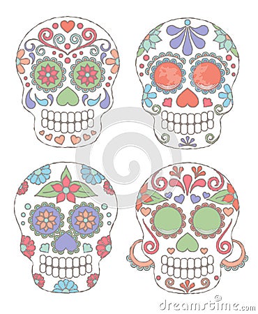 Vector Set of Watercolor Style Day of the Dead Skulls Vector Illustration