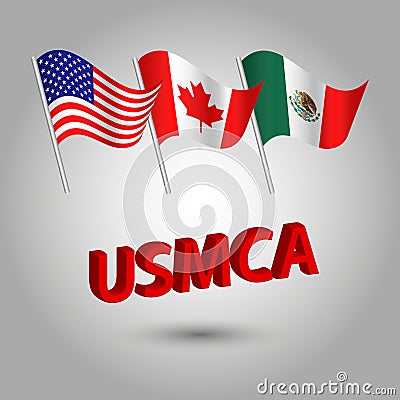 Vector set of waving american, canadian and mexican flags on silver pole - icon of states - the united states of America Mex Vector Illustration