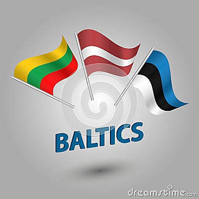 Vector set flags of baltic states estonia, latvia and lithvania on silver pole - estonian, lativan, lithvanian icons with Vector Illustration