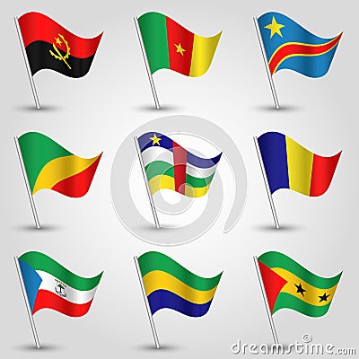 Vector set of waving flags central africa on silver pole and - icon of states Vector Illustration