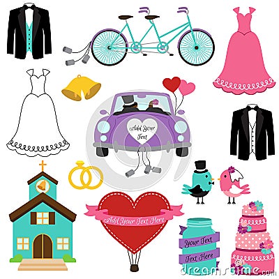 Vector Set of Wedding and Bridal Themed Images Vector Illustration