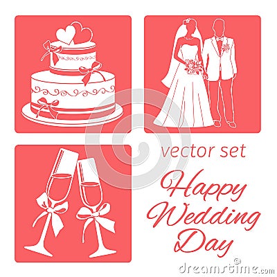 Vector set wedding. four icons the wedding cake, bride and groom, champagne glasses Vector Illustration